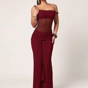 Burgundy Preppy Women's Minimalist Asymmetrical One Shoulder Bodycon Maxi Dress